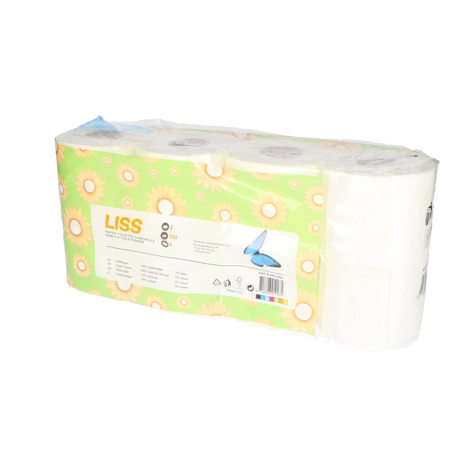 Toiletpapier Liss kamille 3-laags wit 150 vellen 8 rollen (56 rollen/collo)