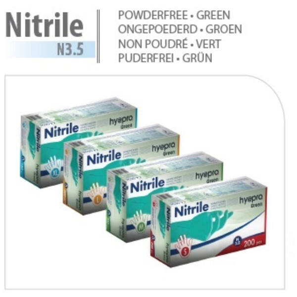 Onderzoekshandschoenen ongepoederd nitril M3,5 'HY@PRO' groen maat S 200 st/dispenserdoosje