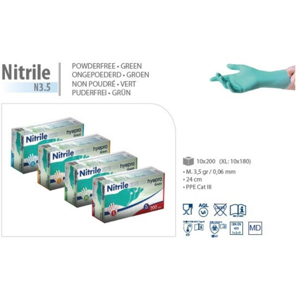 Onderzoekshandschoenen ongepoederd nitril M3,5 'HY@PRO' groen maat XL200 st/dispenserdoosje