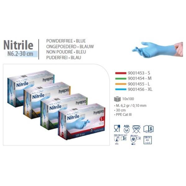 Onderzoekshandschoenen ongepoederd nitril blauw Hypro 6,2 (30cm)