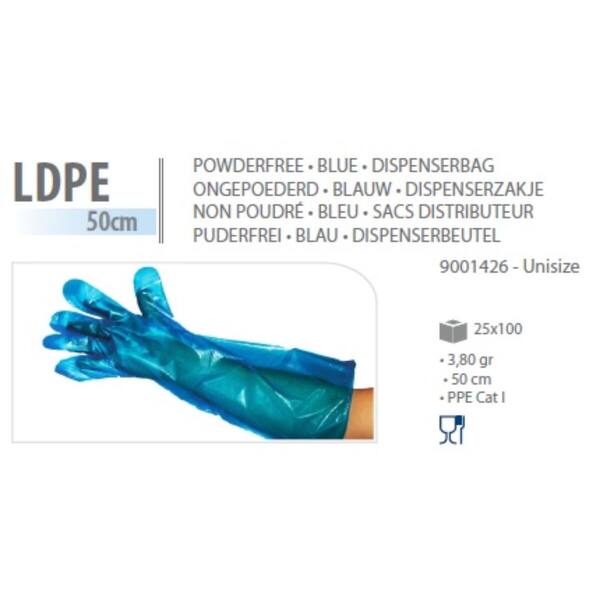 Handschoenen ongepoederd LDPE 30mµ blauw geruwd 50 cm